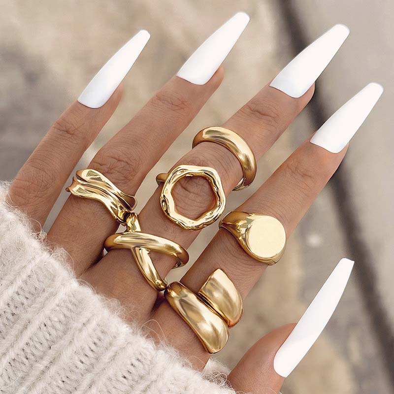 9Pcs/set Gold Color Smooth Geometric Open Rings Set for Women Men Exaggerated Metal Irregular Adjustable Rings Jewelry Gifts