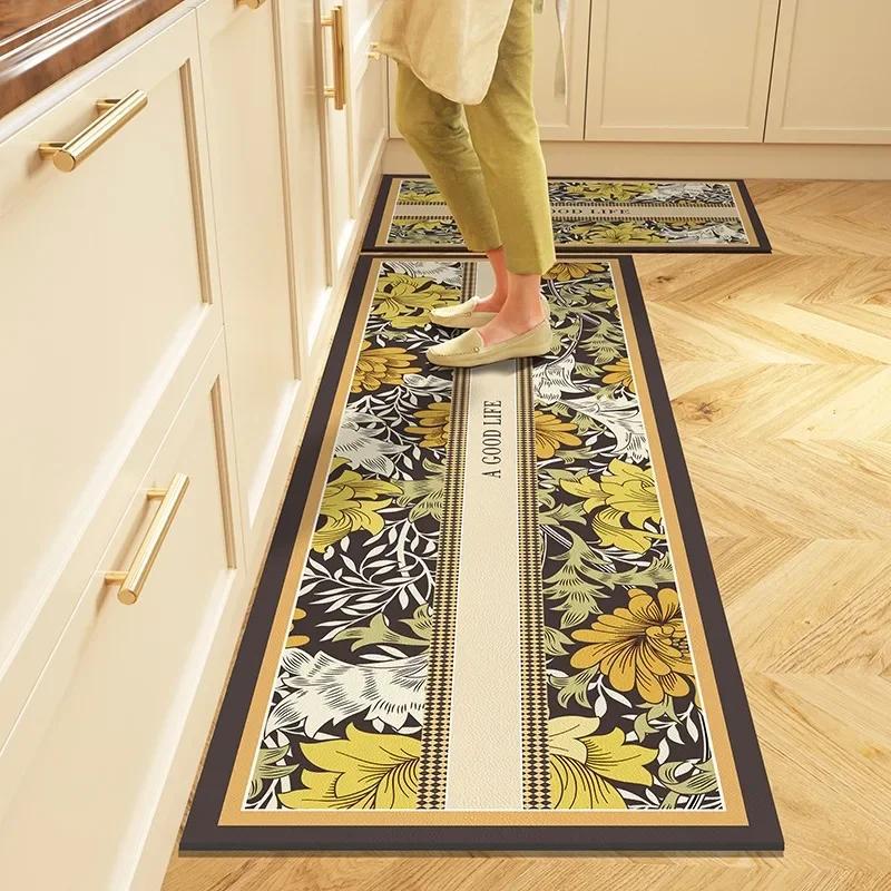 Kitchen Floor Mat PVC Leather Waterproof Carpet Non-slip Long Foot Mats Flower Pastoral Style Home Decoration Rug Vinyl Carpets