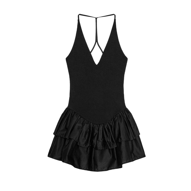 Spring and Summer Women Clothes Laminated Decorative Hem Patchwork Hanging Collar Fashion Sleeveless Short Dress 4174376