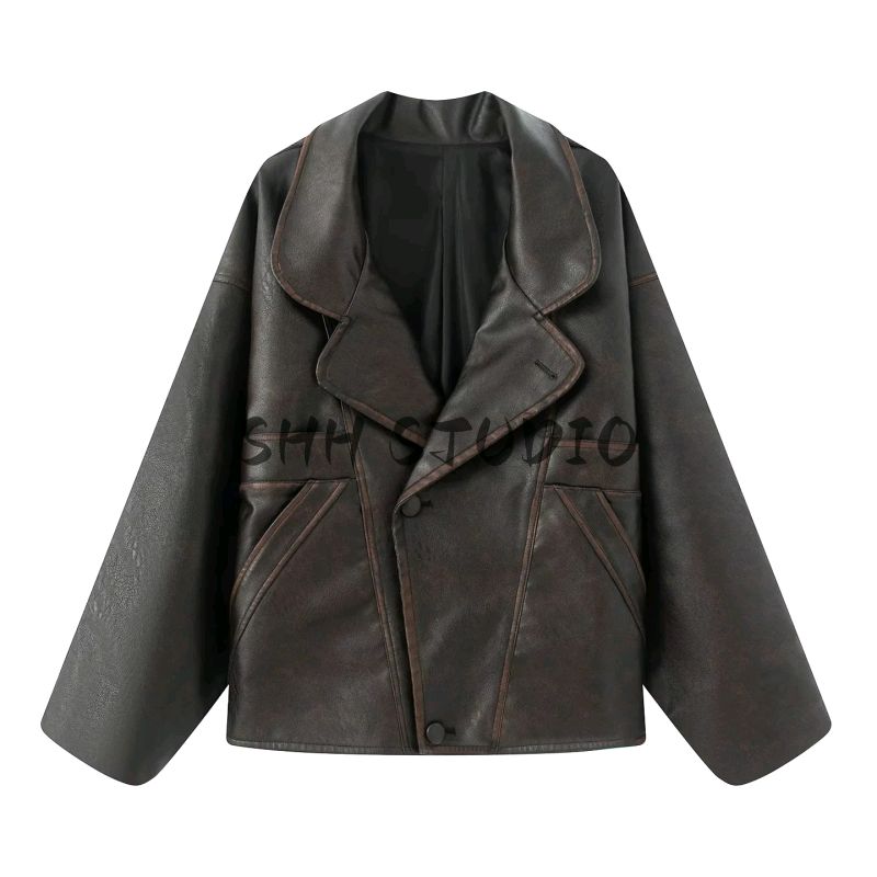 Fall New Women's Clothing French Style Commute Style Flip Collar Long Sleeves Zipper Poly Urethane Leather Short Jacket