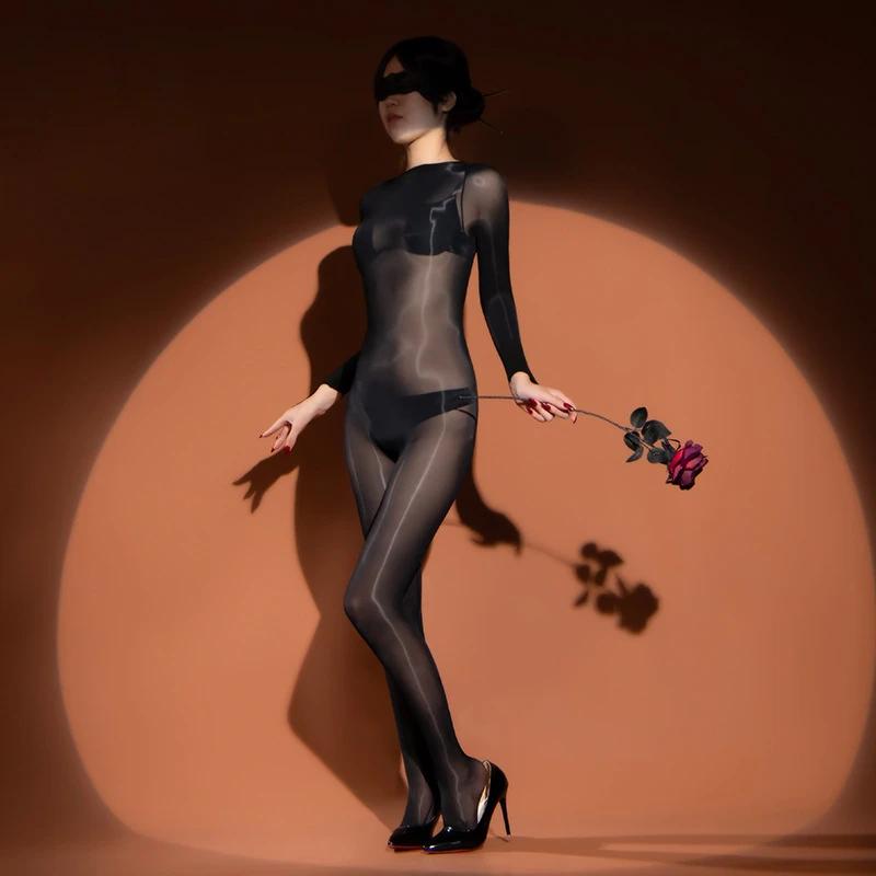 Full Stockings Bodysuits Women Oil Shiny Five Fingers Jumpsuit Open Crotch Pantyhose Smooth Catsuits One-Piece Garment Teddy