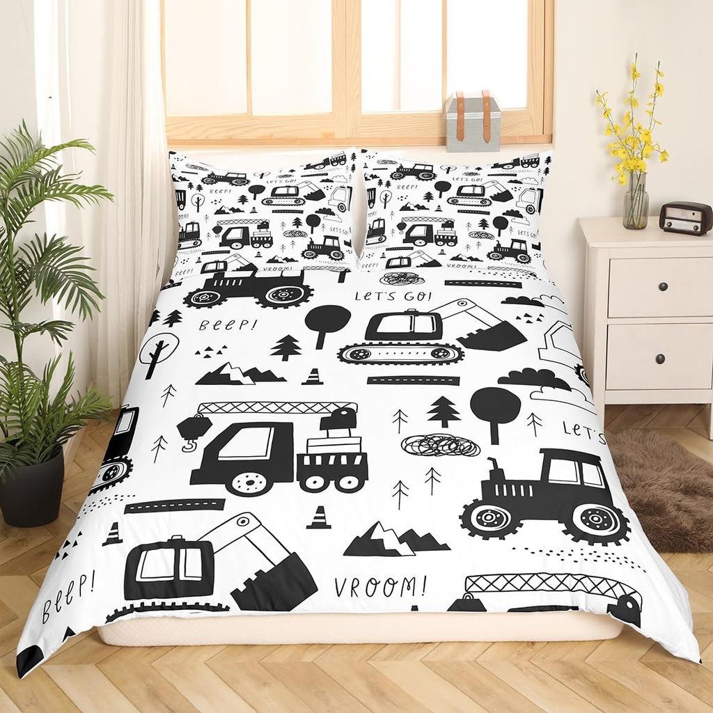 Excavator Duvet Cover Set Twin Queen Size Cartoon Truck Bedding Set Kids Teens Room Decor Construction Vehicle Comforter Cover