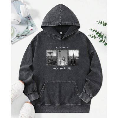 New York Beautiful Scenery Print Washed Hoodie Creative Oversize Hoody Casual Cotton Clothing Autumn Streetwear Female
