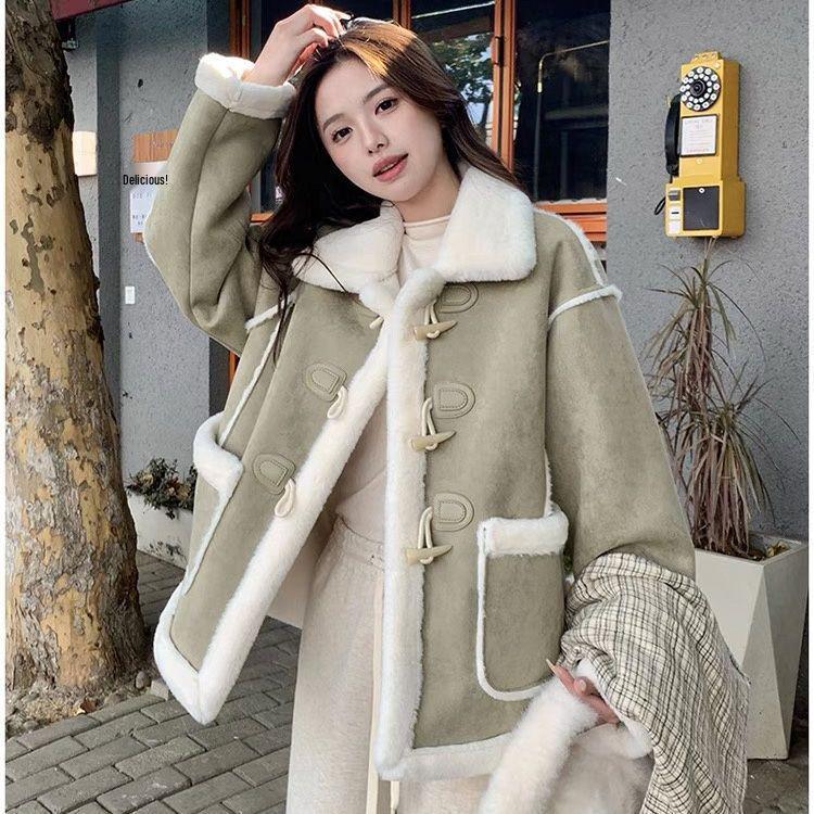 Women's 2024 Winter Warm Sheepskin Suede Fleece Coat with Buckle Details