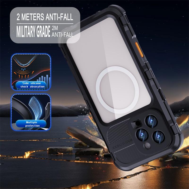 IP68 Waterproof Magnetic Metal Bumper Full Body Case for iPhone 16 15 14 13 Pro Max 16 Plus Heavy Shockproof Diving Hard Cover