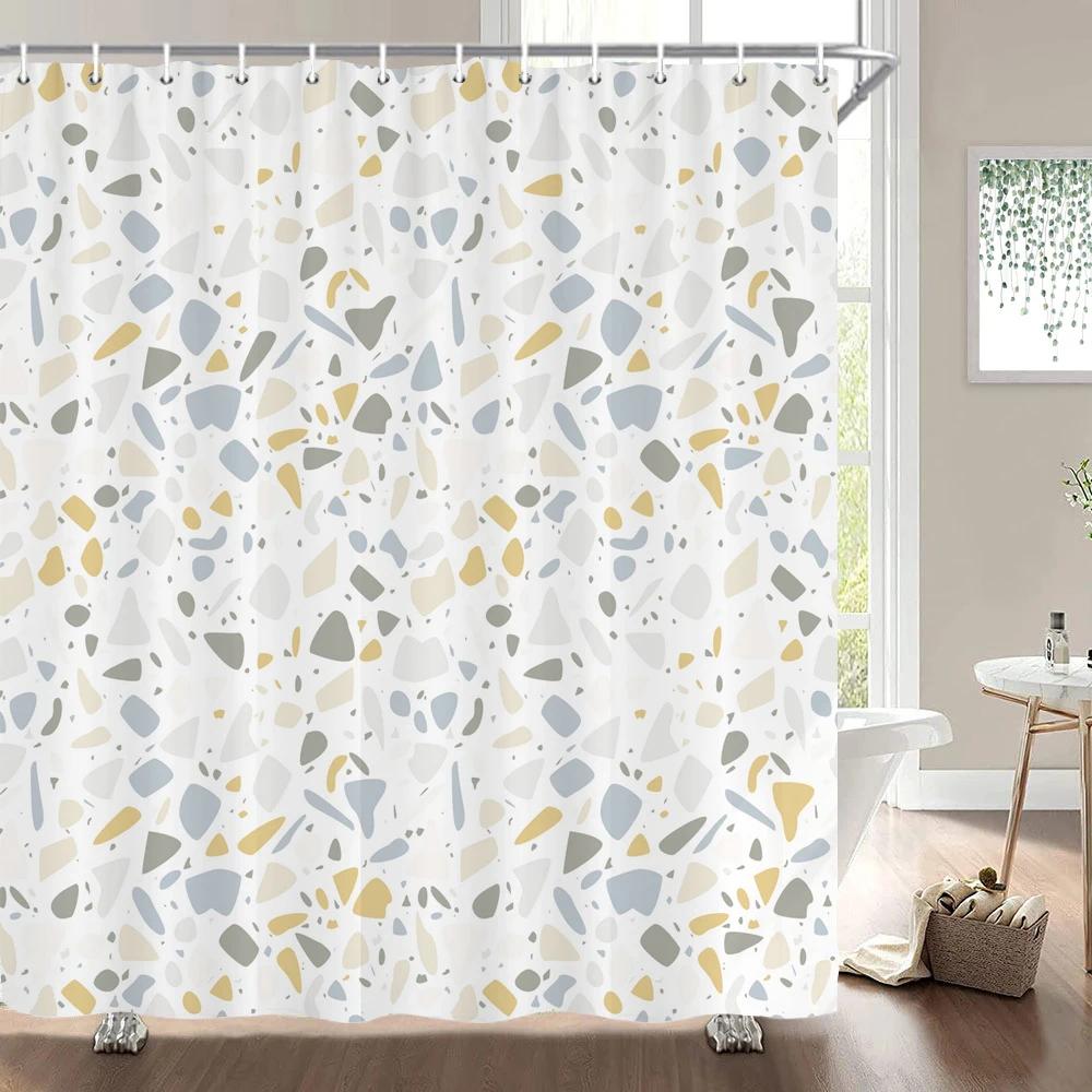 Small Stone Printed Shower Curtain Pebble Spots Pattern Bath Curtain Waterproof Bath Screen With Hooks For Home Bathroom Decor
