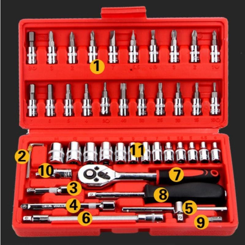 46-teiliges Set mit Kombinationsschlüsseln, Innensechskant, Kfz-Wartungswerkzeug, Steckschlüssel-Kombinationswerkzeug, Hardware-Werkzeug