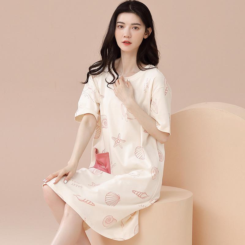 Women's Summer Korean-Style Pure Cotton Short Sleeve Loose Mid-Length Nightgown Pajamas for Home or Casual Wear