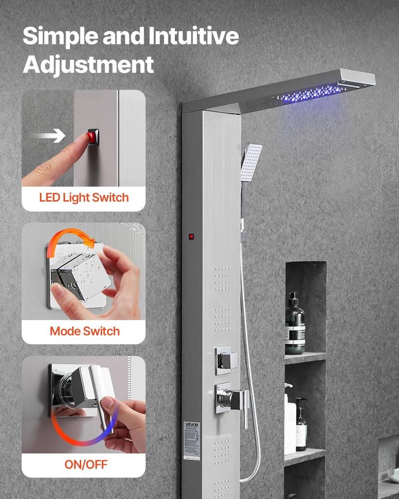 Shower Panel Tower System Stainless Steel Column Rainfall Head 5 Modes