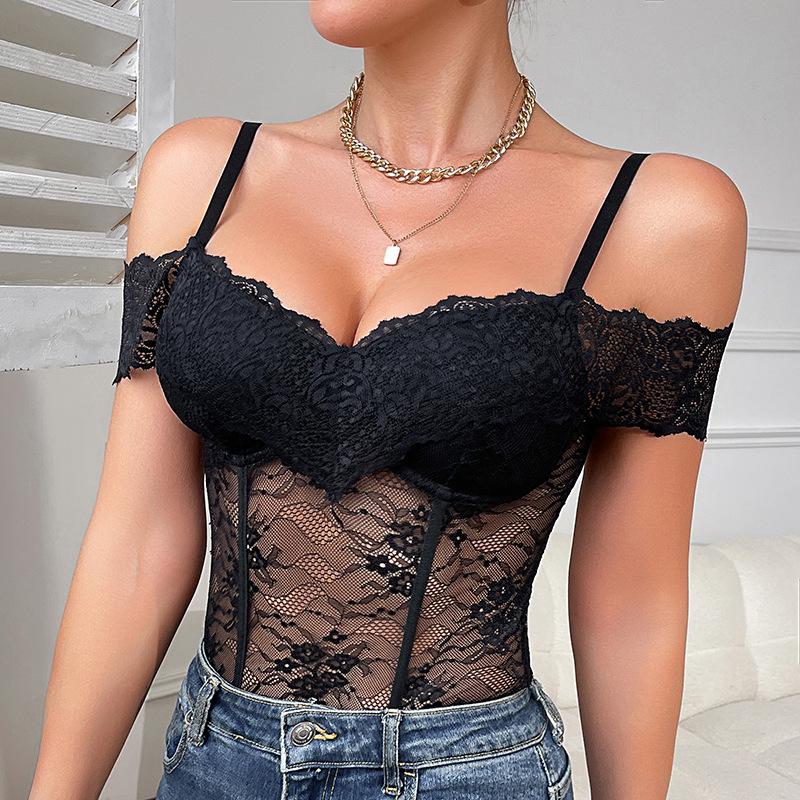 2025 Winter Off-Shoulder Black Lace Bodycon Bodysuit with Push-Up Bra