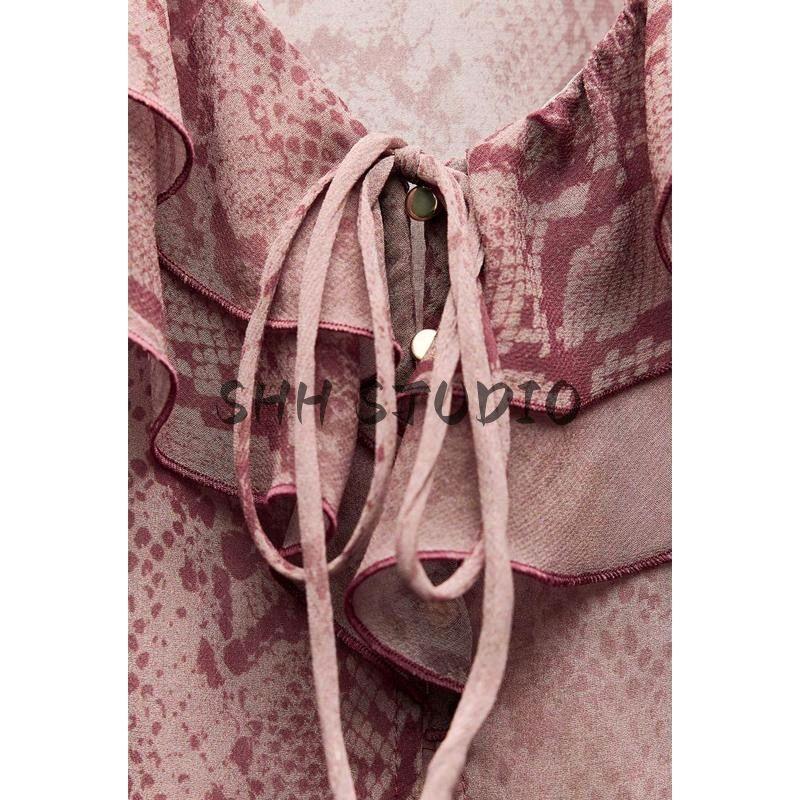 Spring New Women's New Year Series Lotus Collar Long Sleeves Animal Pattern Print Laminated Shirt 2067103