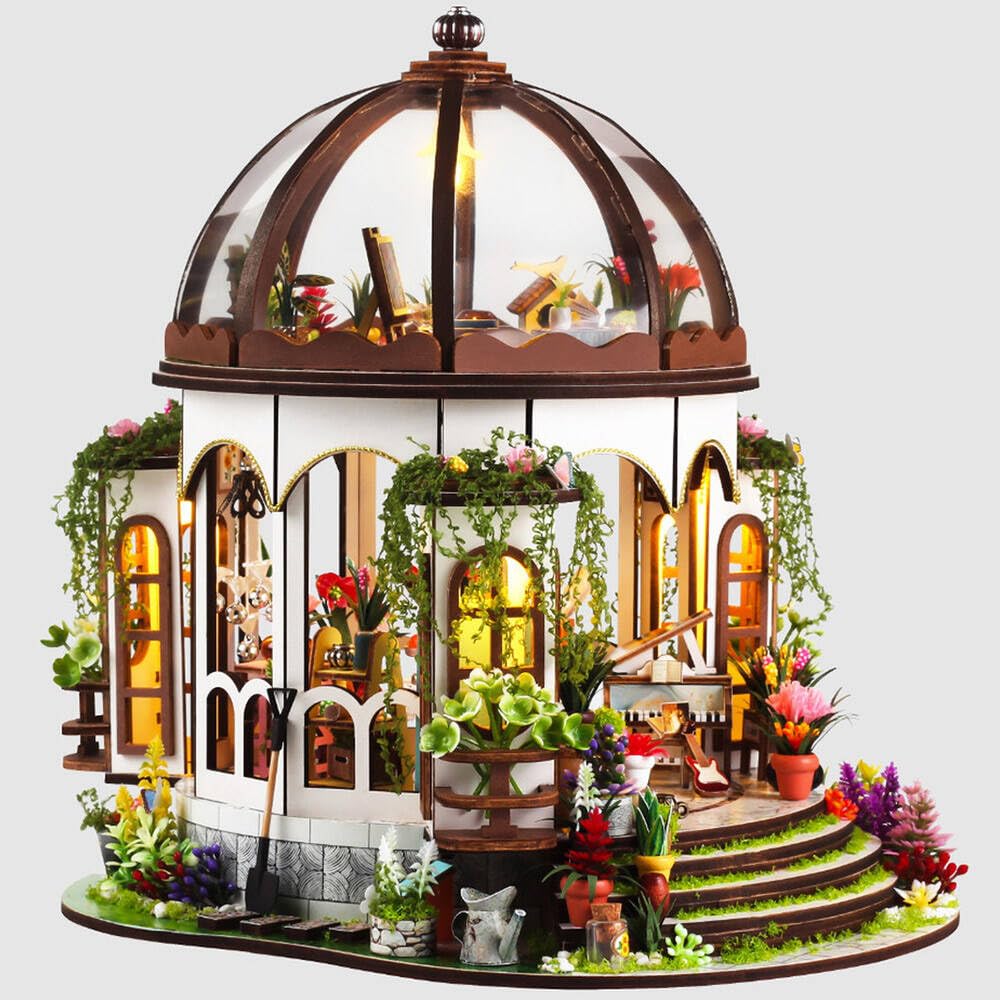 Moin Moin Dollhouse Miniature DIY Kit Set Scale Glass Dome Greenhouse Florist Garden Greenhouse Flowers Round LED Light 2508dh466 [English