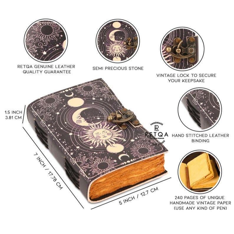 Celestial Sun & moon Handmade vintage leather journal • Deckle edge paper, Blank spell book of shadows grimoire journal, gift for him her