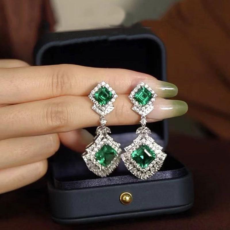 Retro Luxury Emerald Zirconia Stud Earrings with Micro-Set Diamonds - European & American Fashionable Design