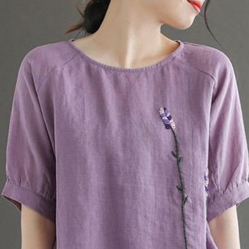 Women's Summer Embroidered Short Sleeve T-Shirt Round Neck Loose All-match Top