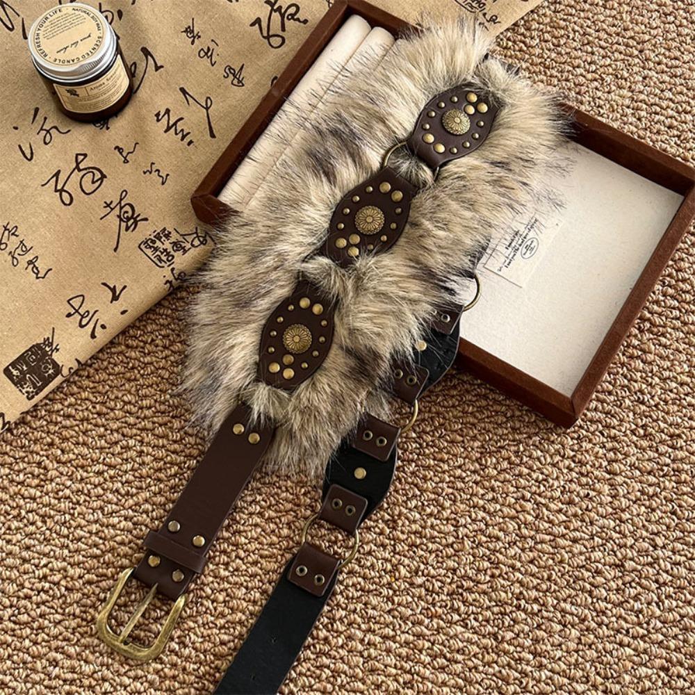 Retro Leather Fur Belt Spicy Girl Style Y2K Plush Waist Belt Fashion Furry Waistband  Daily