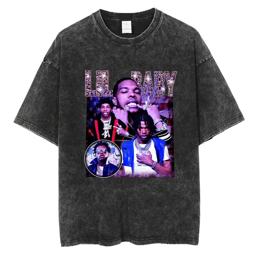 Hip Hop Rapper Wash Vintage Black Lil Baby T Shirt Unisexs Fashion Oversized Tee Short Sleeve Regular Male Tshirt Unisex Streetwear