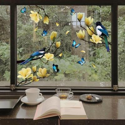Pegatina de Ventana Creativa Decorativa Impermeable Mariposa Flores Pájaros en Rama de Árbol Cristal