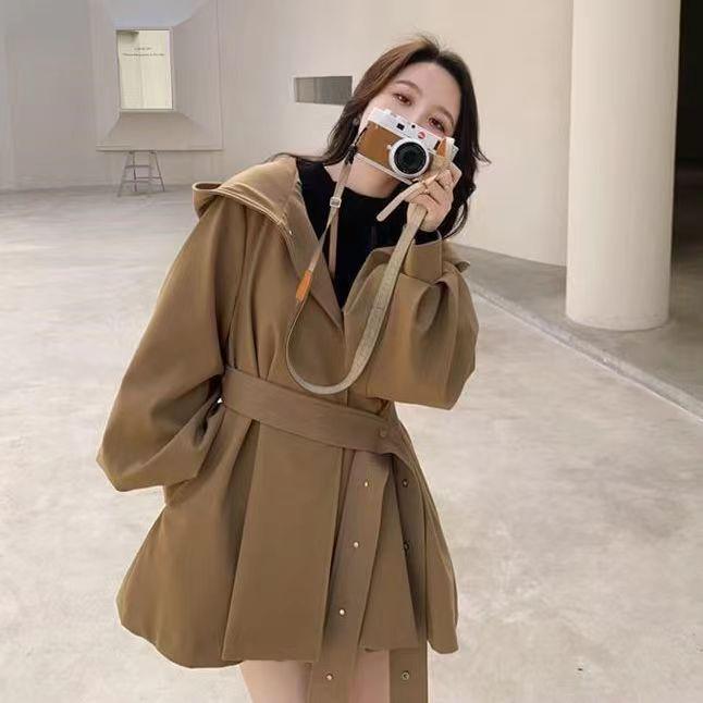 Women's Korean Chic Hooded Trench Coat with Lantern Sleeves - Spring & Autumn Casual British Style