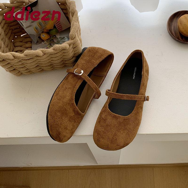 Mode Flache Mode Schnallenriemen Damen Mary Janes Ballerinas Schuhe Weiblich Runde Zehenpartie Schuhe Flock Damen Ballerinas Tanzschuhe