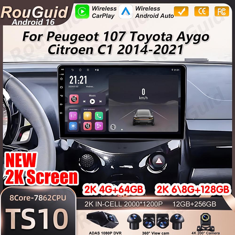 Android 16 Auto Car Radio For Toyota Aygo Peugeot 108 Citroen C1 2014-2020 Wireless Carplay Multimedia Car Stereo BT Navigation