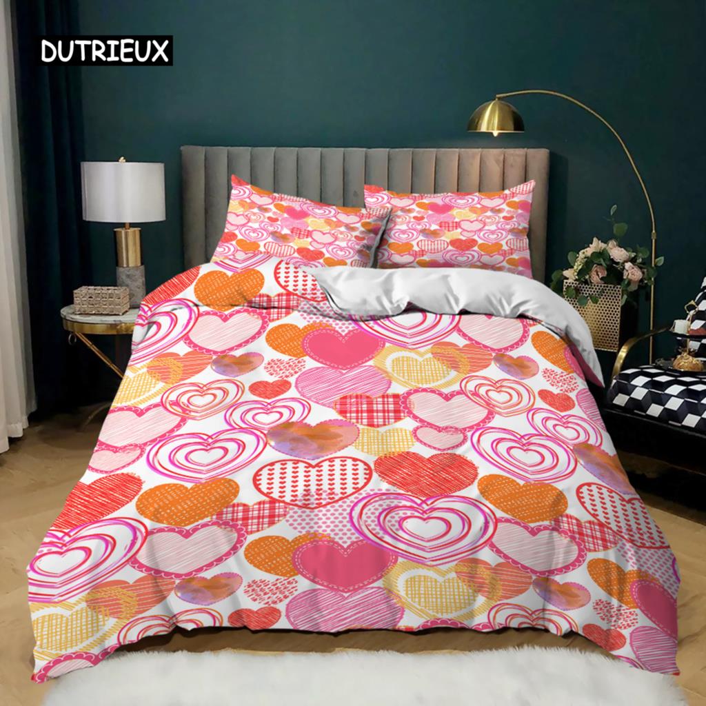 Love Heart Duvet Cover Set Pink Love Heart Bedding Set Valentine's Day Gift Girl Bedroom Microfiber Queen King Size Quilt Cover