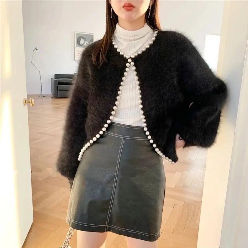 Fashion Ladies Pearl Knit Lantern Sleeves Imitation Mink Fleece Sweater Cardigan Jacket Women Outerwear