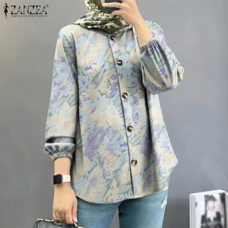 

ZANZEA Женская повседневная блузка на пуговицах с круглым вырезом и длинным рукавом с цветочным принтом