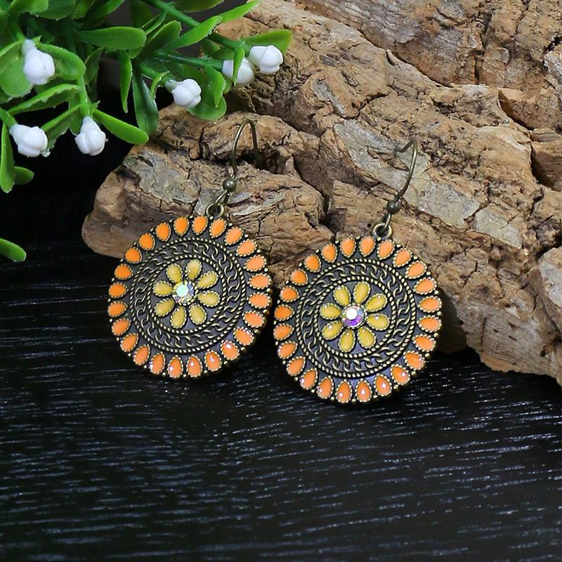 Colorful Ethnic Vintage Round Geometric Flower Drop Dangle Earrings For Women Crystal Enamel Ornament Bohemian Wedding Zircon
