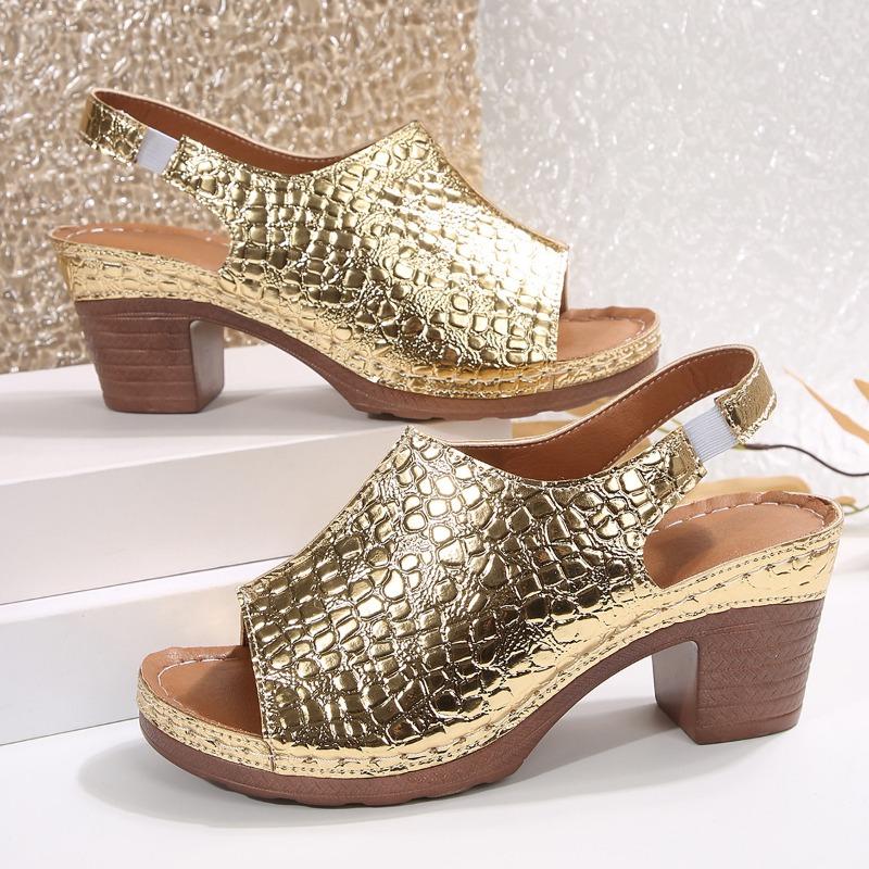 Women's Snake Print Peep Toe Platform Sandals, Chunky Heel Summer Shoes