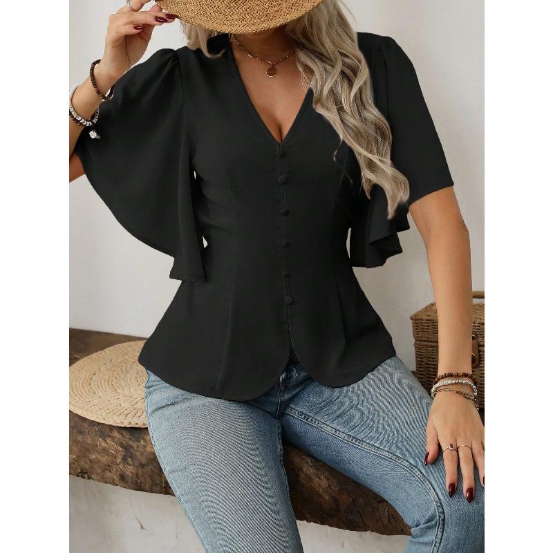 JKASHDK Women's Fashion Casual Summer Spring Solid Color Print Short Sleeve V-Neck Blouses & Shirts