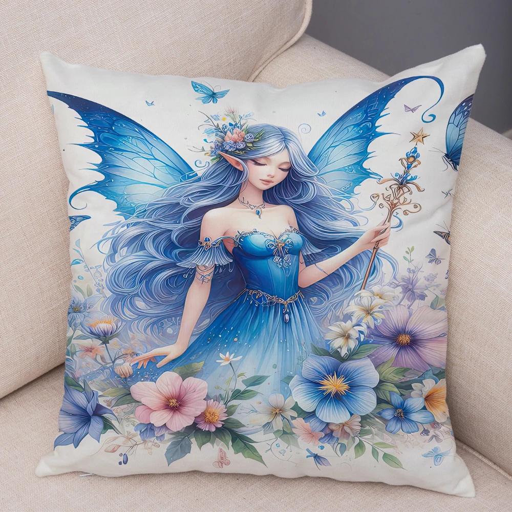 Niedlicher Cartoon Waldmädchen Elfen Kissenbezug Doppelseitig bedruckter Kissenbezug Deko für Sofa Zuhause Superweicher Plüsch Kissenbezug 40x40cm