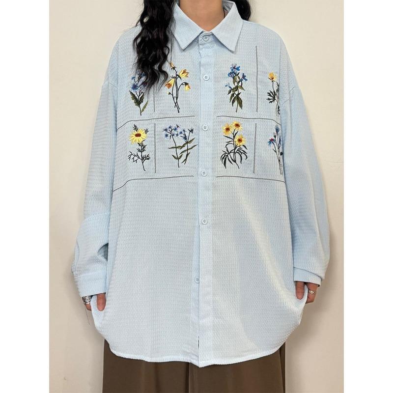 

Ранняя осень Японский ретро Свободный и универсальный С цветочной вышивкой Вафельный Повседневный С длинным рукавом Рубашка и Топ L синий