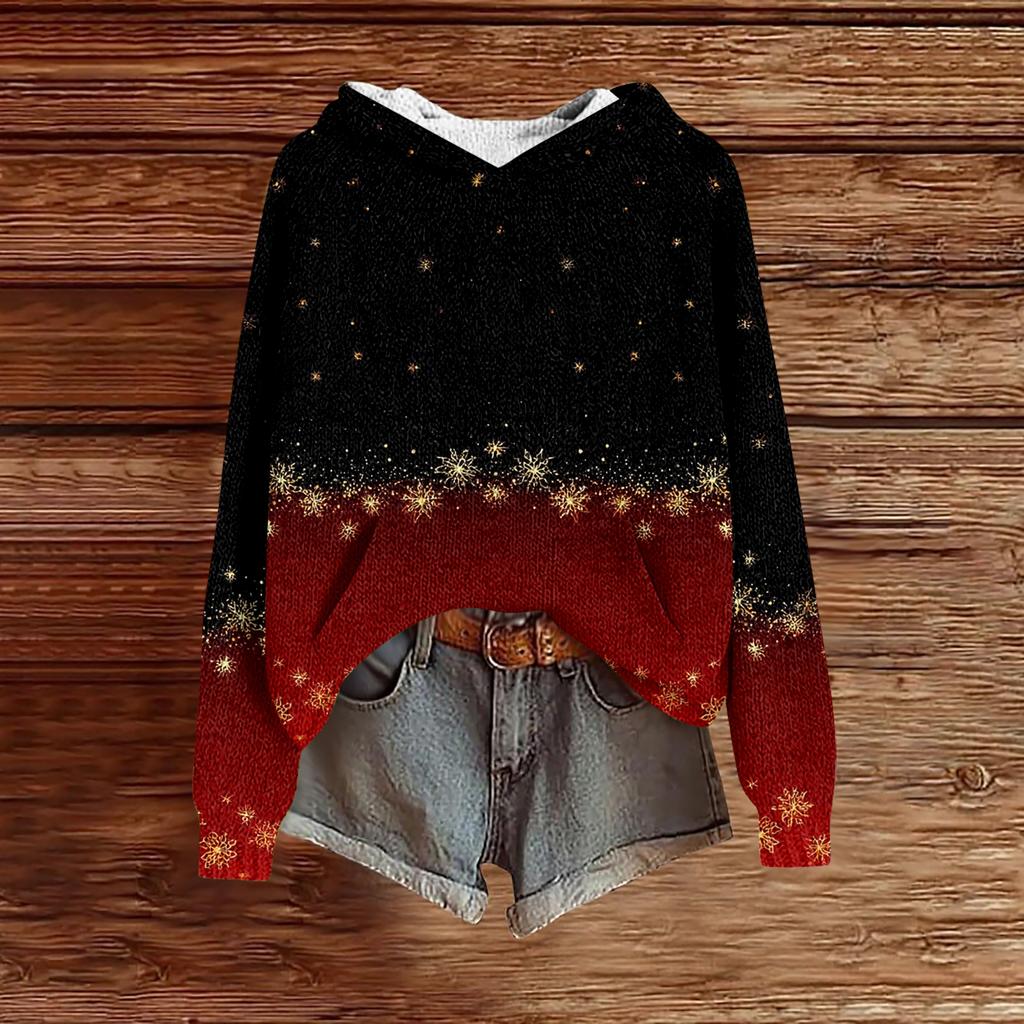 Women's Fashion Casual Long Sleeve Christmas Print Hooded Knitted Sweatshirt