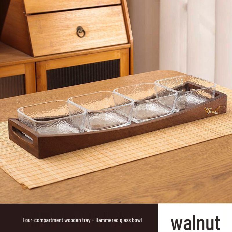Luxury Glass Walnut Fruit & Snack Plate with Candy Compartments for Living Room Coffee Table