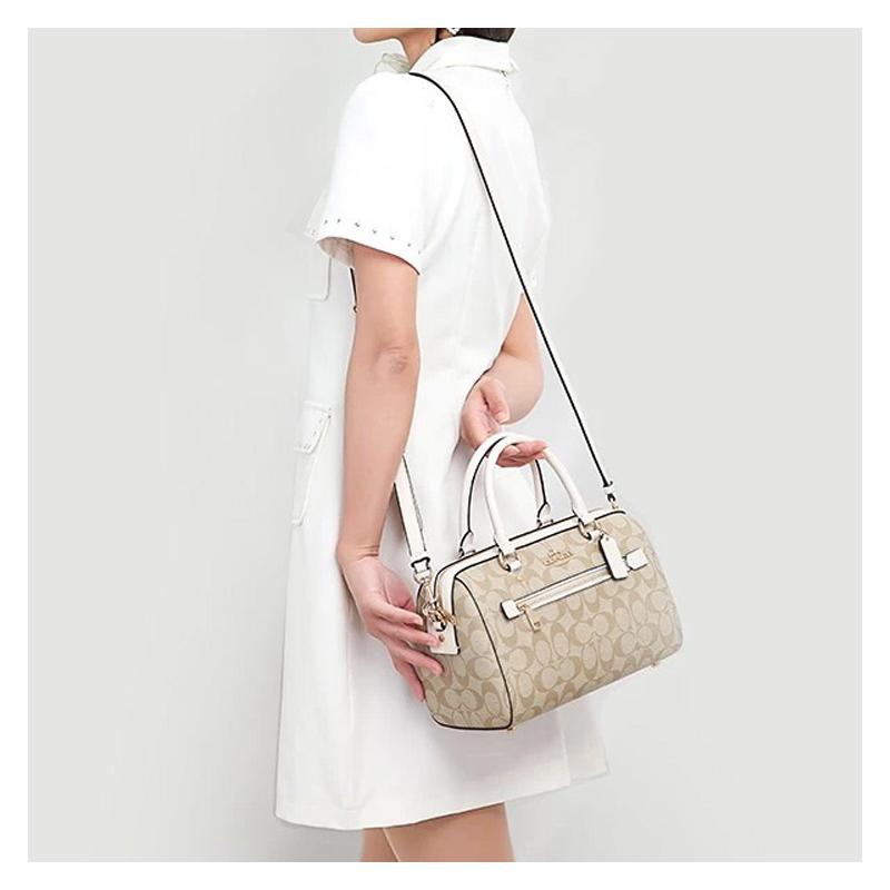 COACH Rowan 27 brand logo zipper closure PVC Boston bag hand-held shoulder crossbody bag large size women's light khaki color