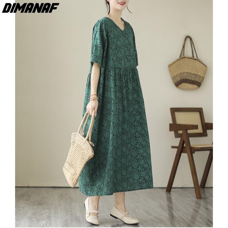 DIMANAF 2024 Übergröße Damen Frühling Sommer Kleid Vintage Dame Langes Kleid V-Ausschnitt Stil Locker Maxikleid Baumwolle Grün