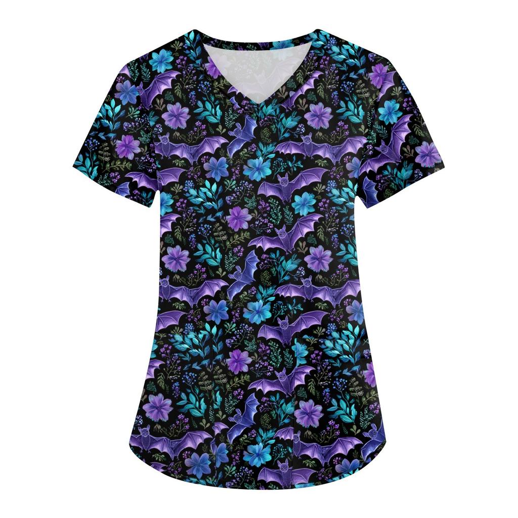 Women's Printing Uniform Work Uniform V-neck Pockets Basic Short Sleeve Pullover Top