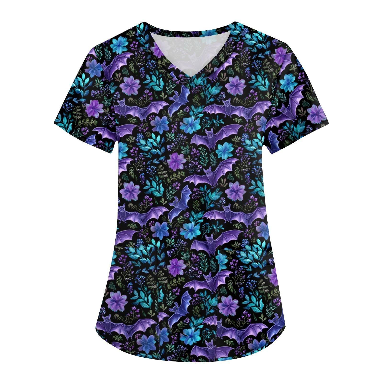 

Women s Printing Uniform Work Uniform V-neck Pockets Basic Short Sleeve Pullover Top L