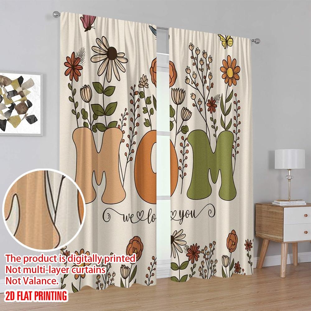 2pcs,2D Plane Printing Window Curtain Floral Love for Mom Durable Polyester (without Rod) Gifts for Living Room & Office Decor