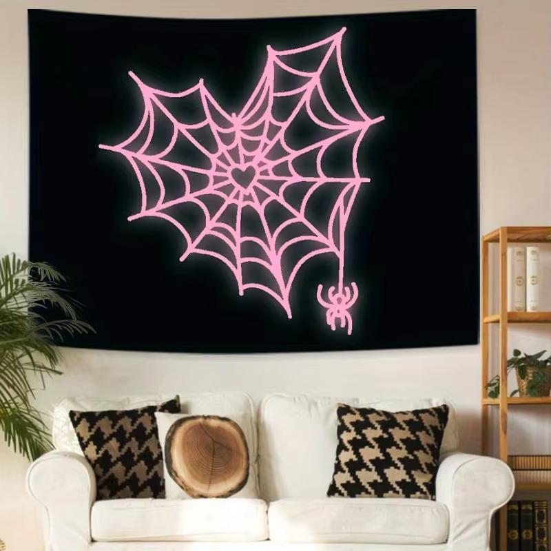 

VIKAMA Dark Night Sweetheart Pink Spider Web Heart Tapestry Gothic Decorative Wall Art for Living Room Bedroom 74x94cm(29x37in)