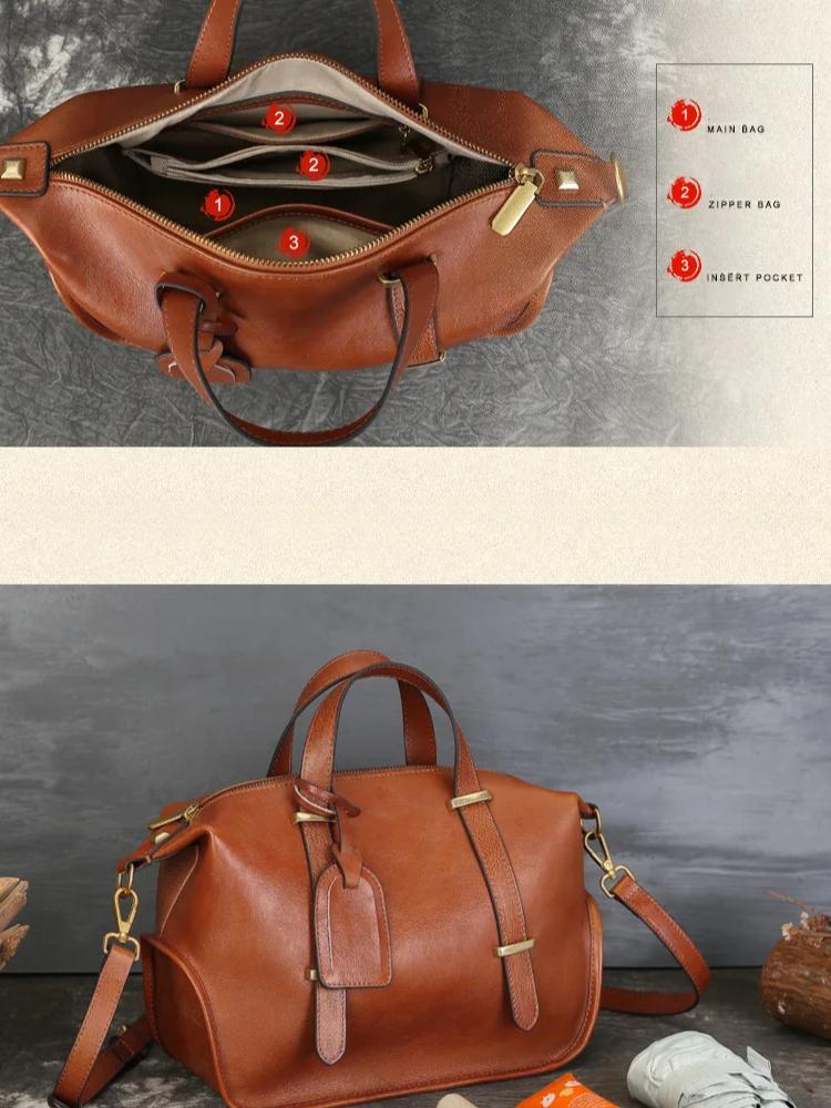 Johnature Vintage Einfarbig Echtleder Handtasche Große Kapazität Boston Damentasche Lässige Schultertaschen