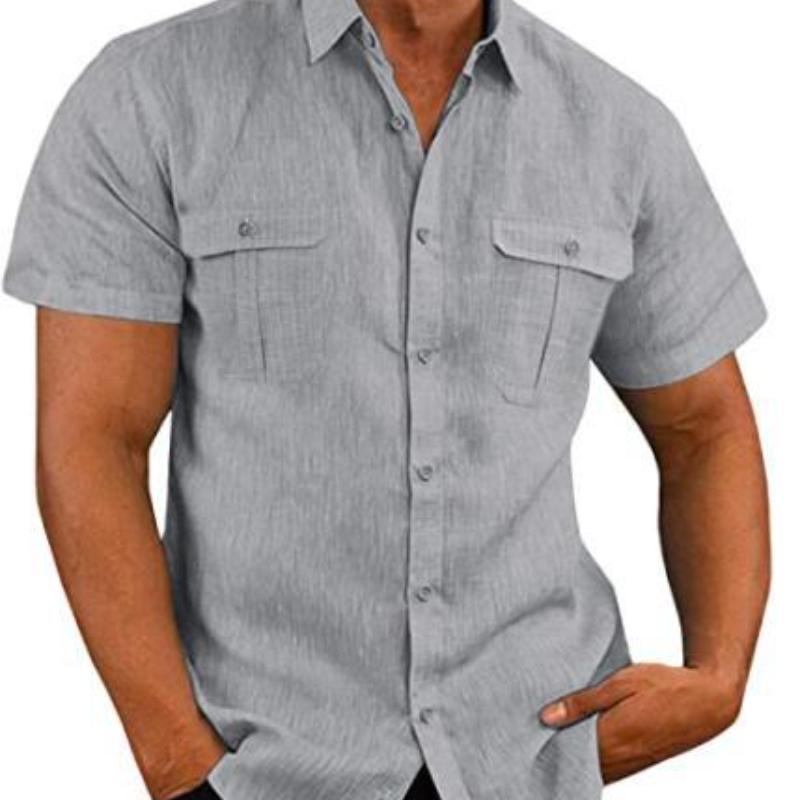 Men'S Shirt With Double Pockets Cotton-Linen Short-Sleeve Shirt Casual Vacation Shirt
