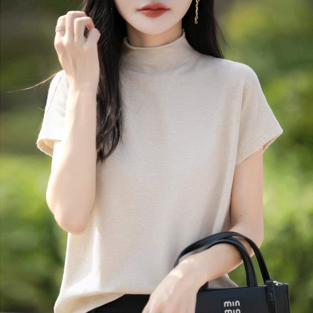 New Spring and Autumn Knitted Sweaters, Pullover Sweaters, Women's Short-sleeved Semi-high-neck Base Sweaters