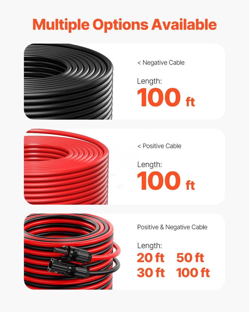 30.48m/100FT Solar Panel Extension Wire Female & Male Connectors 6mm²/10AWG Set of 2