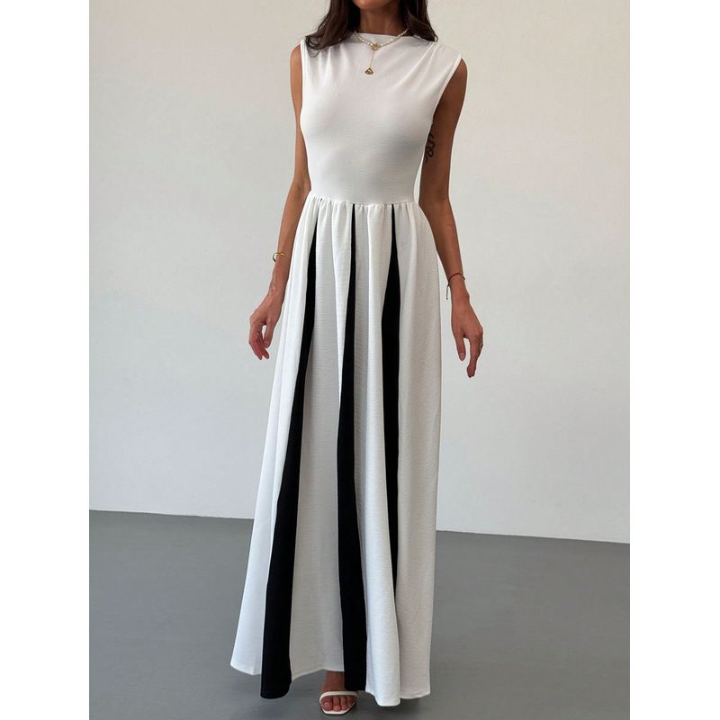 Elegance Round Neck Sleeveless Waist Black and White Color Contrast Patchwork Dress Fashion Evening Dress Women's Dress Dresses