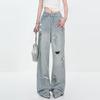 Zerrissene Jeans mit Schleife für Damen, hohe Taille, gerade Hose, lockere Jeanshose mit weitem Bein, Vintage, Y2k-Kleidung, trendige Übergröße