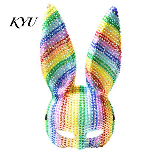 Nightclub Dance Mask Disco Mirror Rhinestone Rabbit Mask, Sparkly Glitter Bunny Face Ball for Halloween Party, Shiny Reflective Ear Festive