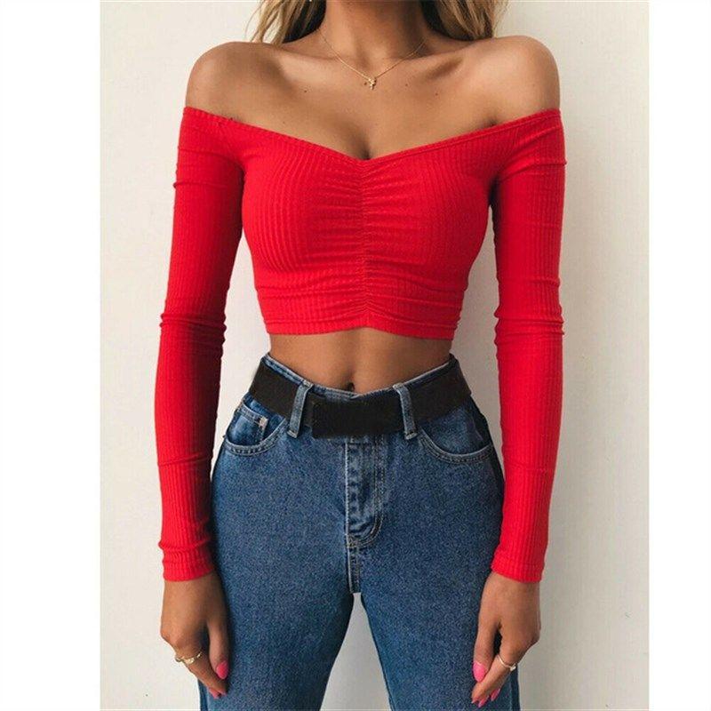 

Sexy Off Shoulder Solid Color Umbilical Exposure Sexy Tops RED L