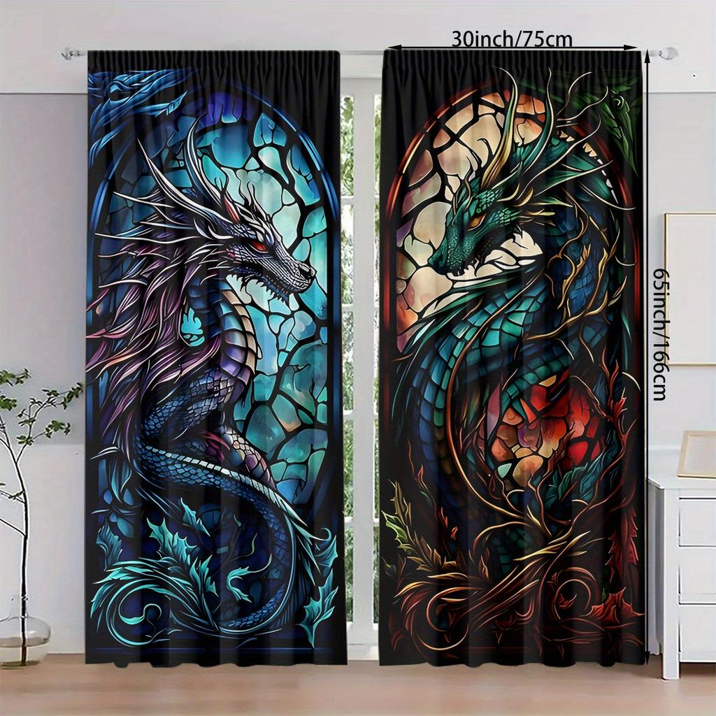 Dragon Print Light-Filtering Curtain Panels   Set of 2   Polyester Woven with Rod Pocket - Arts Themed   Peach Skin Velvet Sanded F